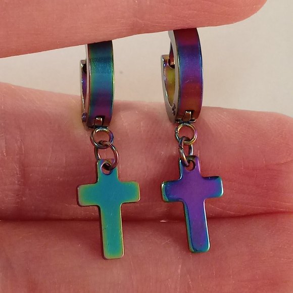 Mens Silver Stainless Steel Mystic Cross Hoop Dangle Earrings 14mm Party Gift - Picture 2 of 6